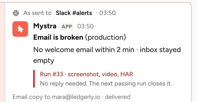 The alert as sent to Slack: email is broken in production, no welcome email within 2 min, with the run's screenshot, video and HAR attached