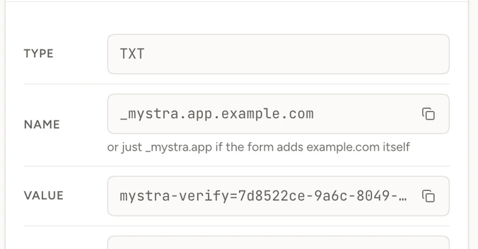 The add-app wizard showing the DNS record to add: type TXT, name _mystra.app.example.com, value mystra-verify=7d8522ce