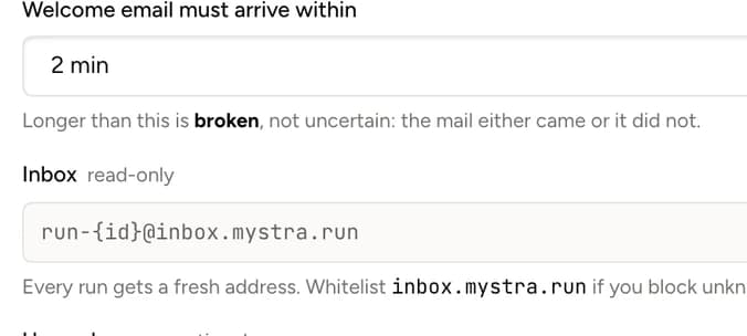 App settings in Mystra: the welcome email must arrive within 2 min, and every run gets a fresh address at run-{id}@inbox.mystra.run